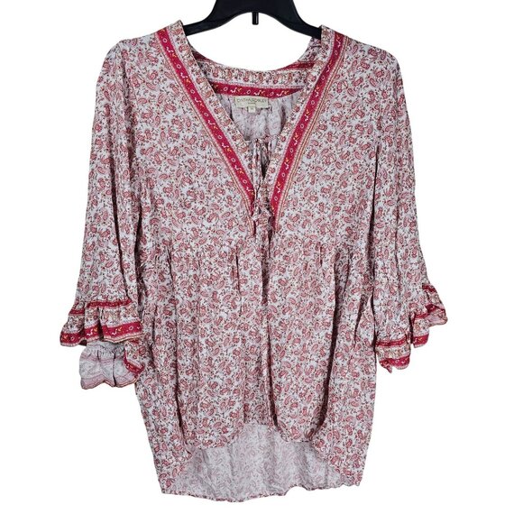 Cynthia Rowley Peasant Blouse Tunic 3X Red & White Paisley 3/4 Ruffle Sleeve - Picture 1 of 9